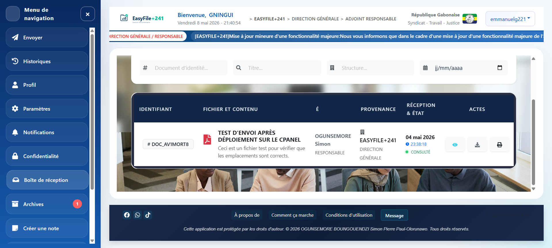 Interface EasyFile+241 Dashboard